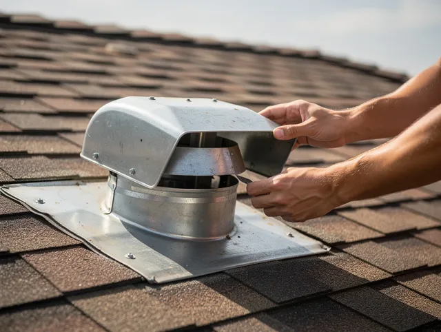 Macedonia Dryer Vent Cleaning certified technician safely cleaning a roof-mounted dryer vent in Macedonia