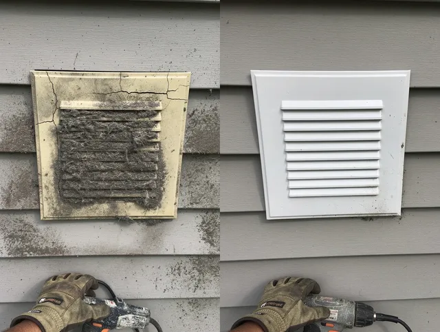 Macedonia Dryer Vent Cleaning technician installing high-quality dryer vent cover at a residential property in Macedonia
