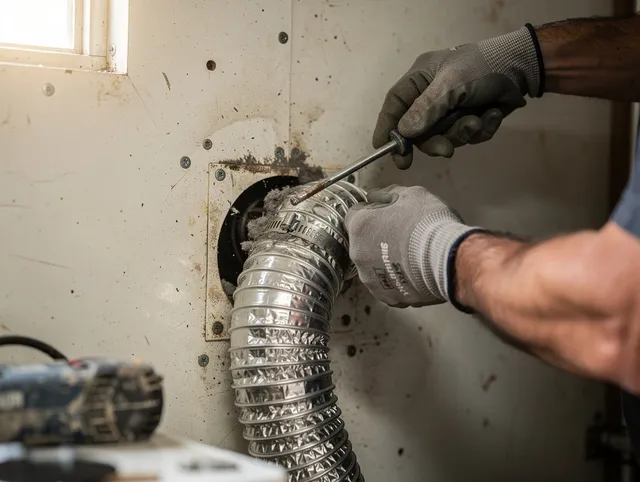 Macedonia Dryer Vent Cleaning technician performing precise dryer vent hose installation in Macedonia